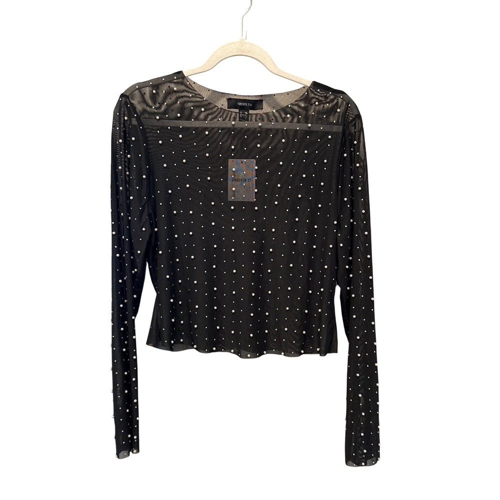 New Y2K Mesh Pearl Rhinestone Embellished Top Forever 21  Sheer Party Glam Chic‎
